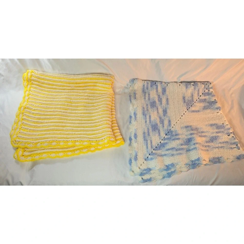 Handmade Crochet Baby Receiving Blanket Pair Yellow 36
